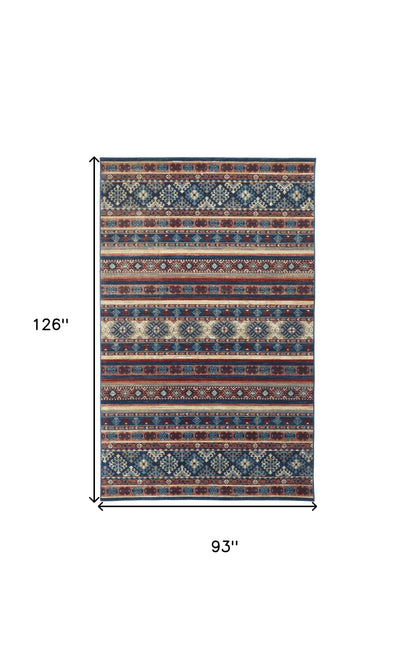 10' X 13' Blue Red And Ivory Geometric Distressed Area Rug