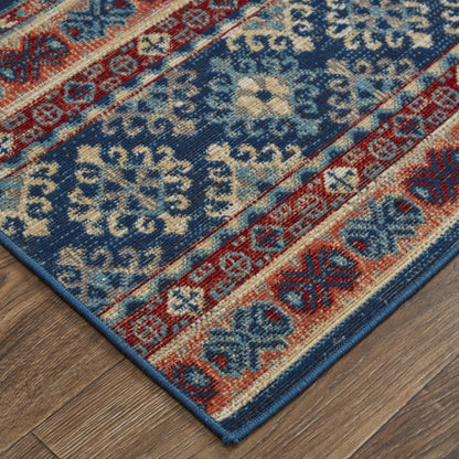 10' X 13' Blue Red And Ivory Geometric Distressed Area Rug