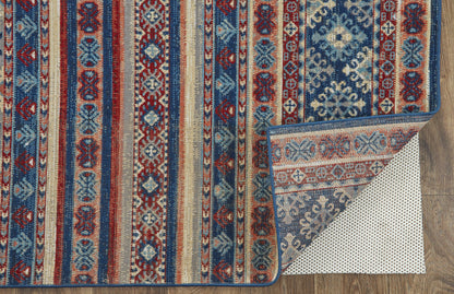 10' X 13' Blue Red And Ivory Geometric Distressed Area Rug