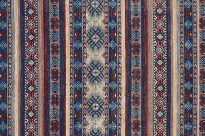 10' X 13' Blue Red And Ivory Geometric Distressed Area Rug