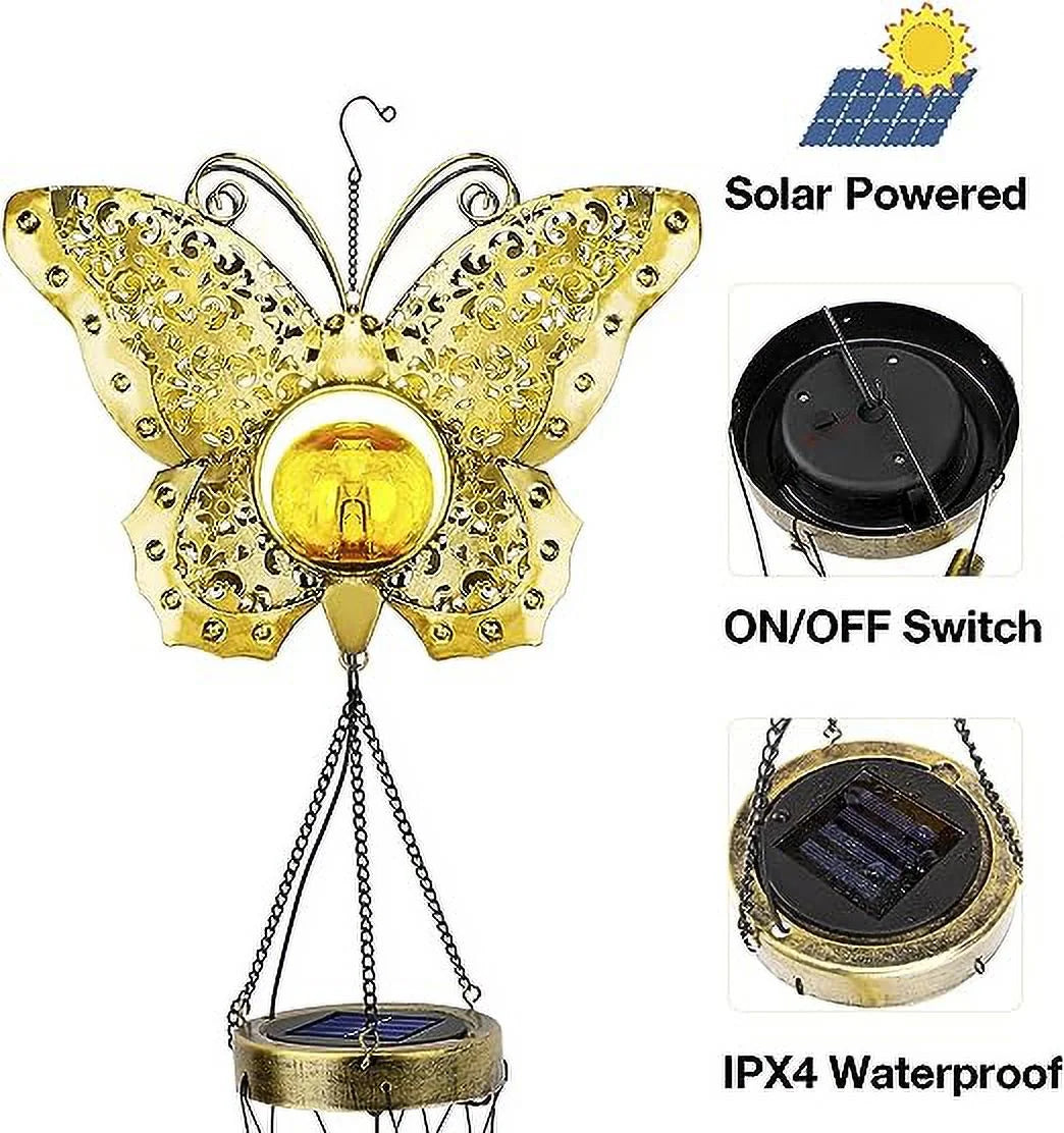 Butterfly Solar Wind Chimes for Outside,  Crackle Glass Ball Waterproof Wind Chimes Outdoor Clearance Deep Tone Garden Decor Chimes Butterfly Gifts for Women Windchimes Outdoors Unique