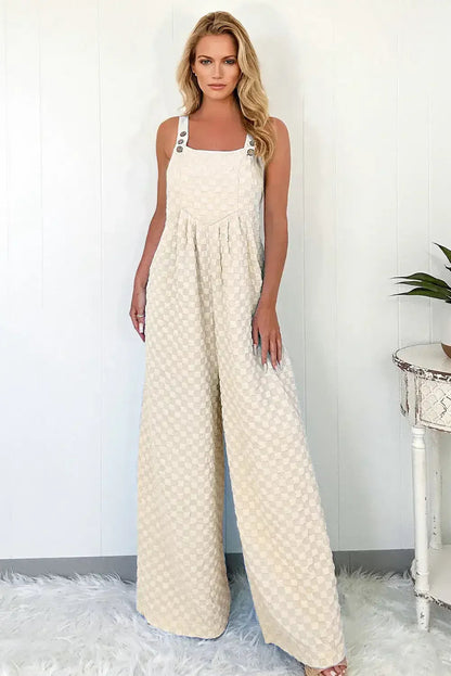 Beige Checkered Pocket High Waist Wide Leg Overall
