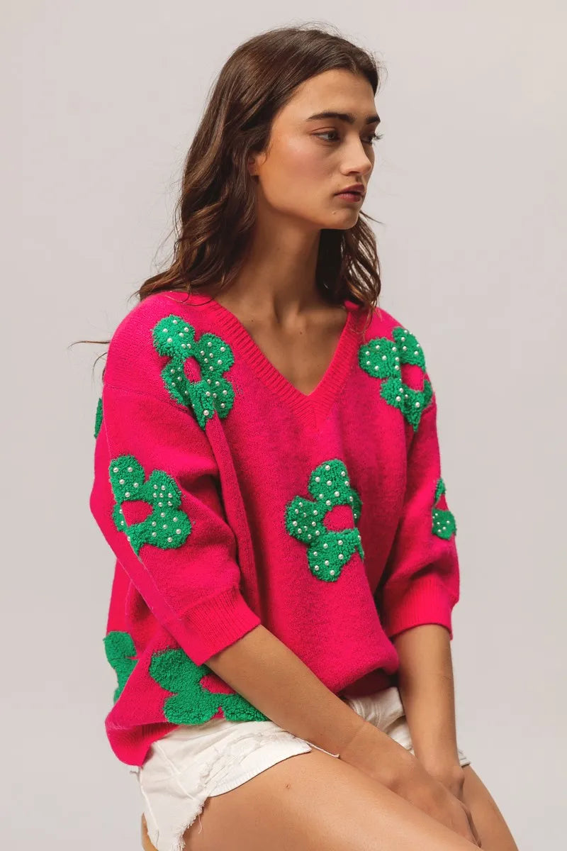 Pearl Beads Flowers Sweater Top