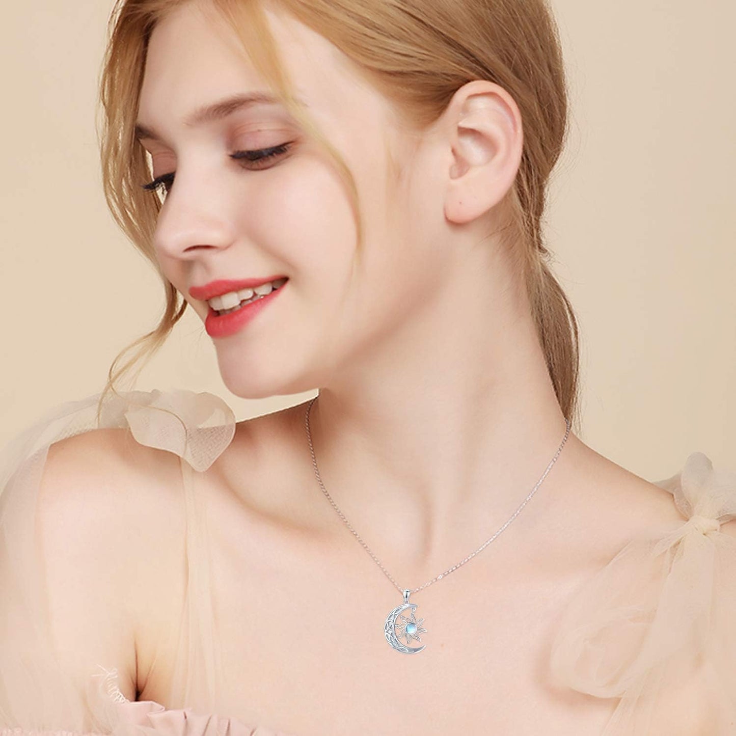 Crescent Moon and Sun Necklace 925 Sterling Silver Moonstone Pendant Necklace Celtic Jewelry Gift for Women