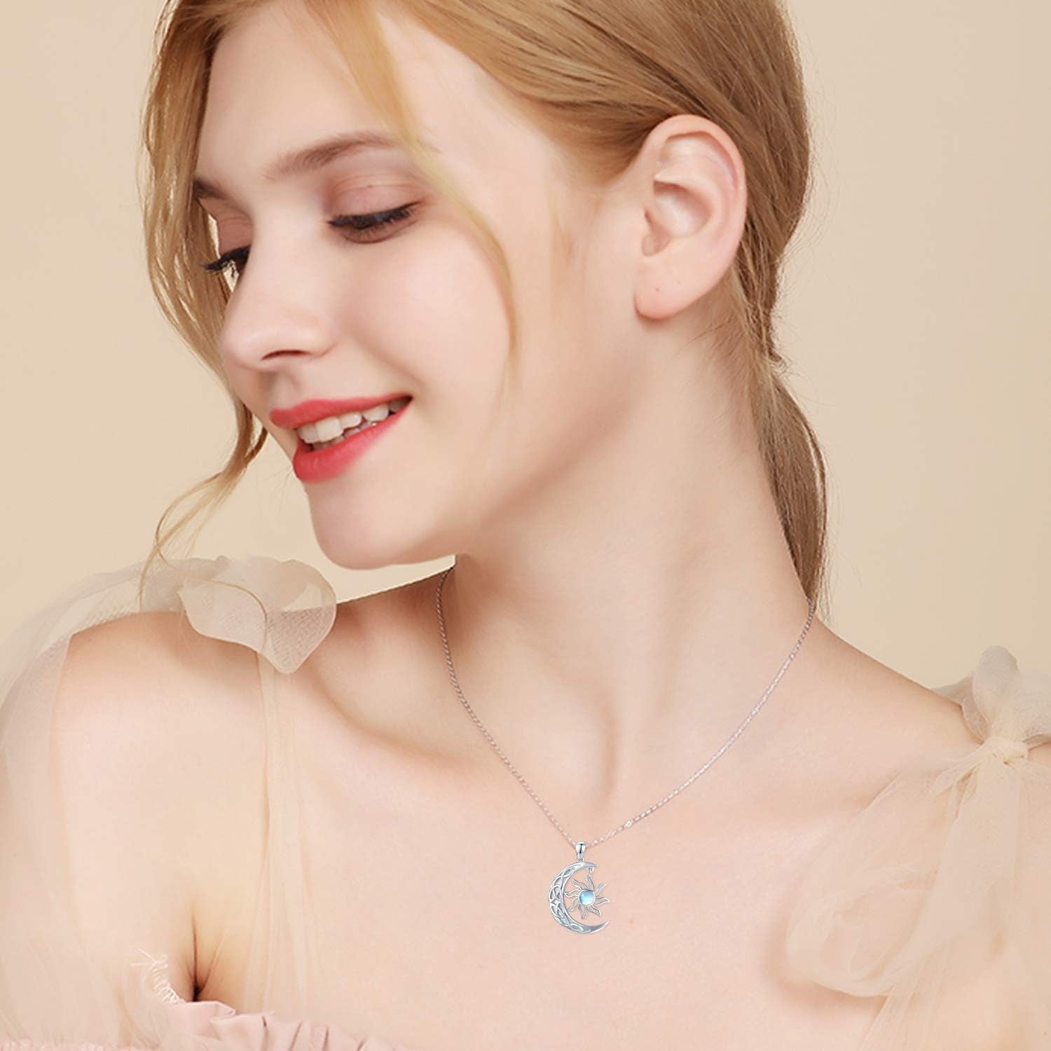 Crescent Moon and Sun Necklace 925 Sterling Silver Moonstone Pendant Necklace Celtic Jewelry Gift for Women