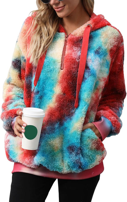 Womens Sherpa Pullover Oversized Fuzzy Hoodie Double Fleece Sweatshirts Fluffy Plaid Outerwear Warm Coats