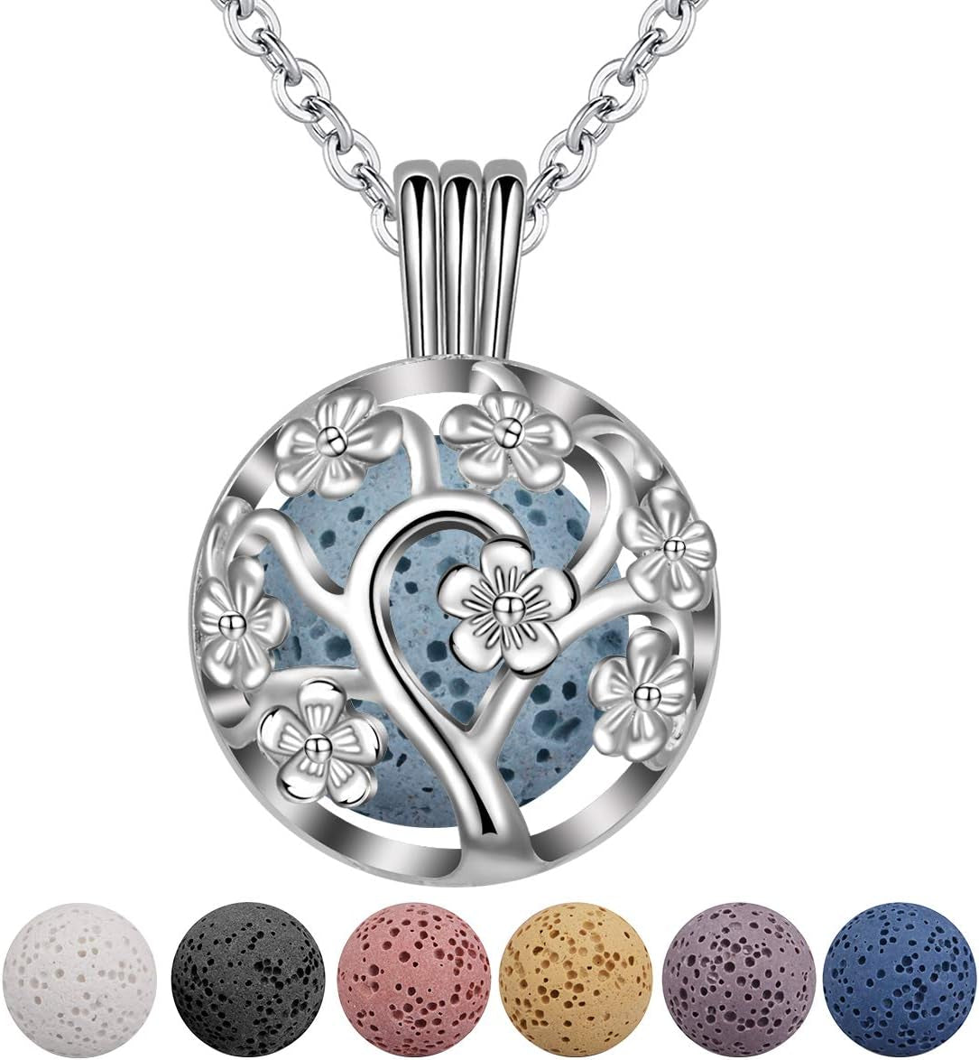 Sakura Tree Aromatherapy Necklace, Essential Oils Diffuser Locket Pendant with 7 PCS Lava Rock Stones and 24" Link Chain