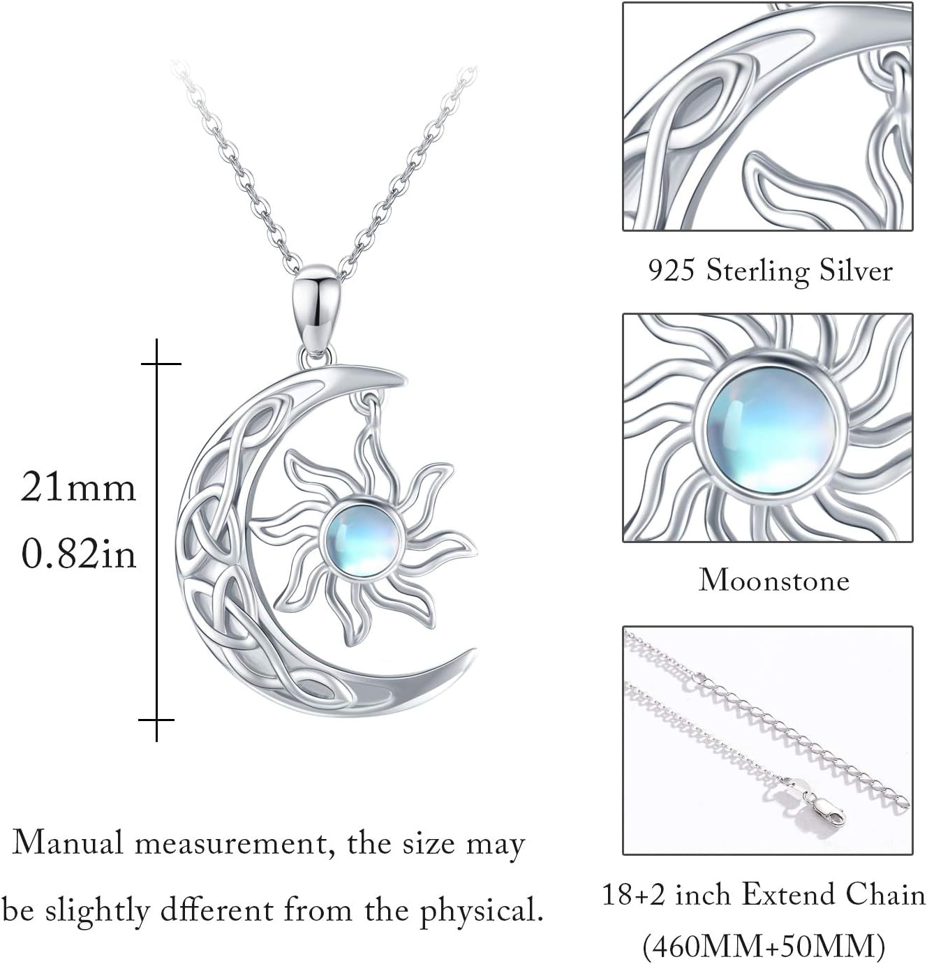 Crescent Moon and Sun Necklace 925 Sterling Silver Moonstone Pendant Necklace Celtic Jewelry Gift for Women