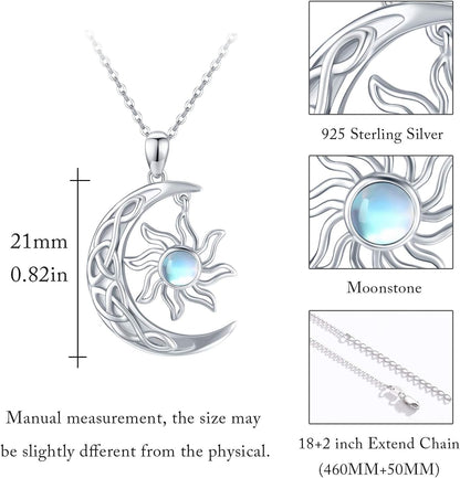 Crescent Moon and Sun Necklace 925 Sterling Silver Moonstone Pendant Necklace Celtic Jewelry Gift for Women