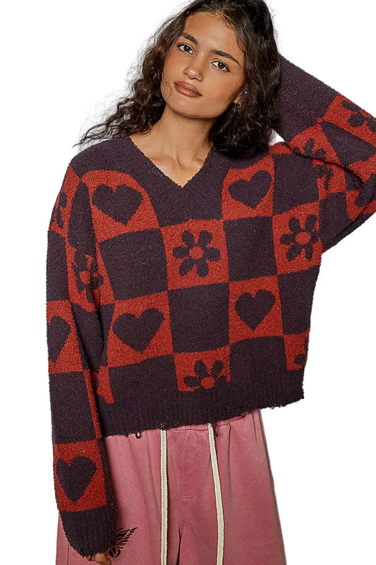 Garden Naked V-Neck Heart Pattern Checkered Sweater
