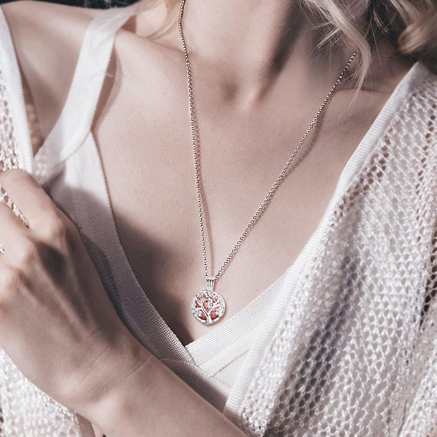 Sakura Tree Aromatherapy Necklace, Essential Oils Diffuser Locket Pendant with 7 PCS Lava Rock Stones and 24" Link Chain