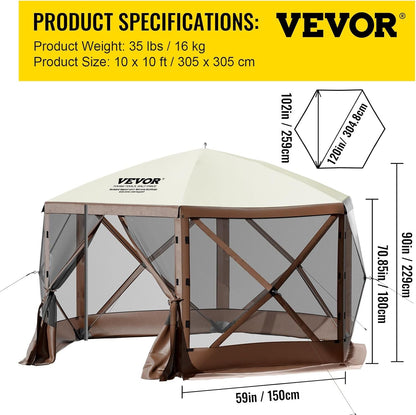 Camping Gazebo Screen Tent, 12 * 12Ft, 6 Sided Pop-Up Canopy Shelter