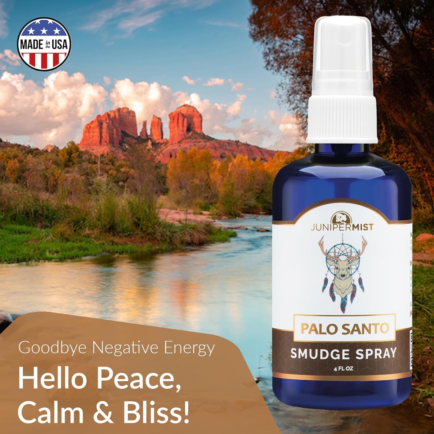 Palo Santo and Sage Smudge Spray (4Oz) Grounding & Clarity - Cleansing Energy & Aura – Sage Spray for Smudging & Negative Energy – Smokeless Mist for Home & Meditation – Crystal Infused, USA Made