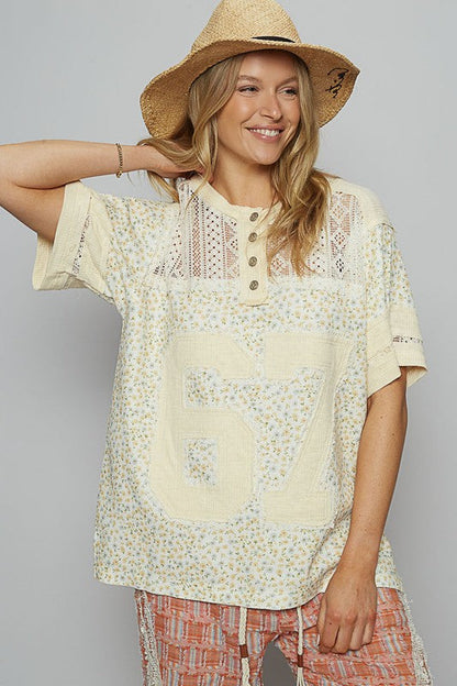 POL Clothing Number Floral Crochet Button Detail Half Sleeve Top