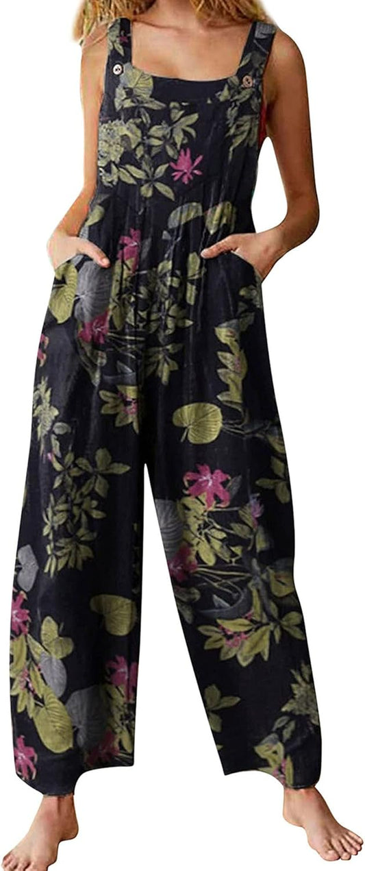 Womens Jumpsuit Suspender Wide Leg Overall Loose Bib Overalls Summer Boho Baggy Jumpsuits Wide Legged Harem Pants