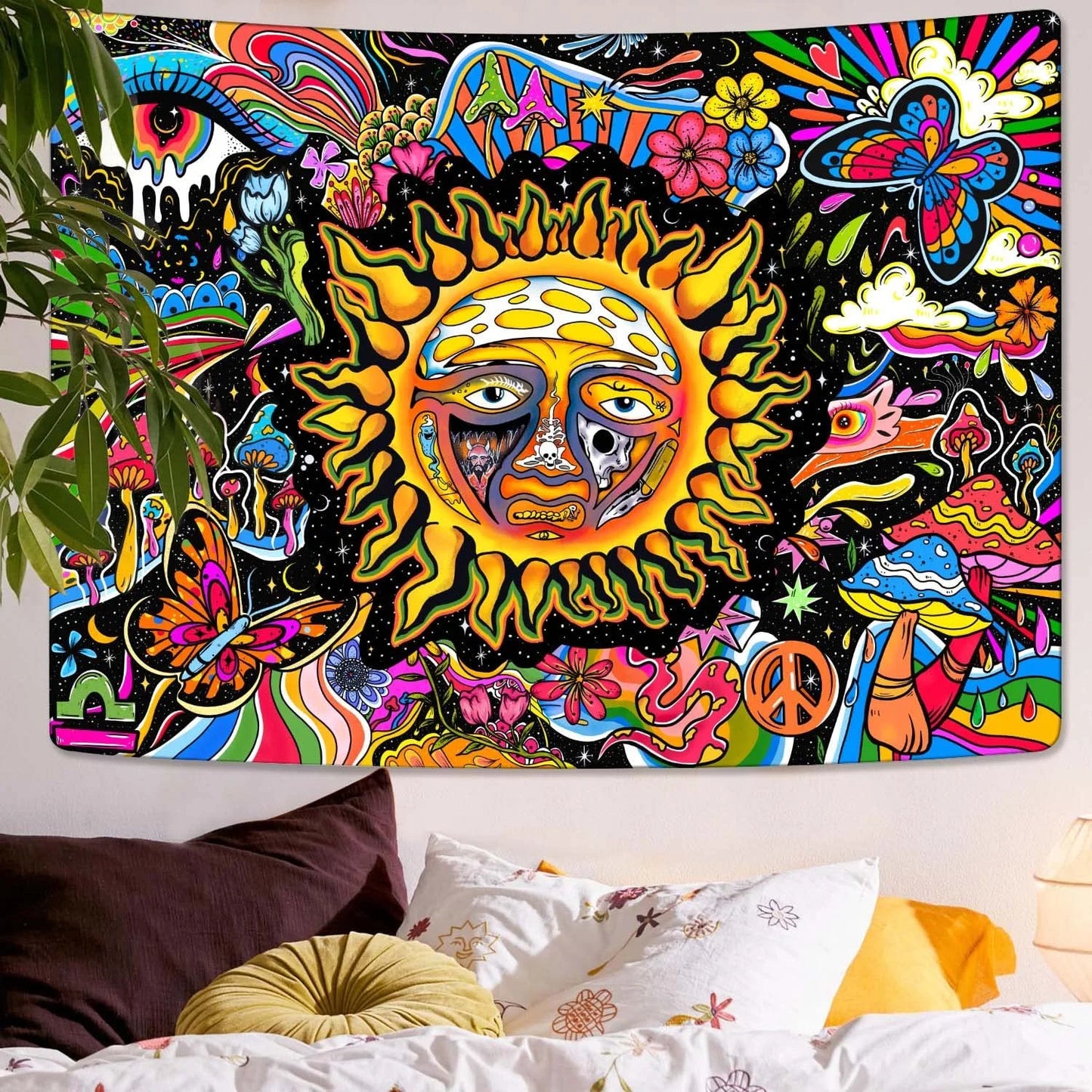 Trippy Tapestry Sun Tapestry Hippie Mushroom Tapestry Colorful Wall Tapestry for Bedroom Aesthetic Cute Tapestries Wall Hanging for Bedroom,91"X71"