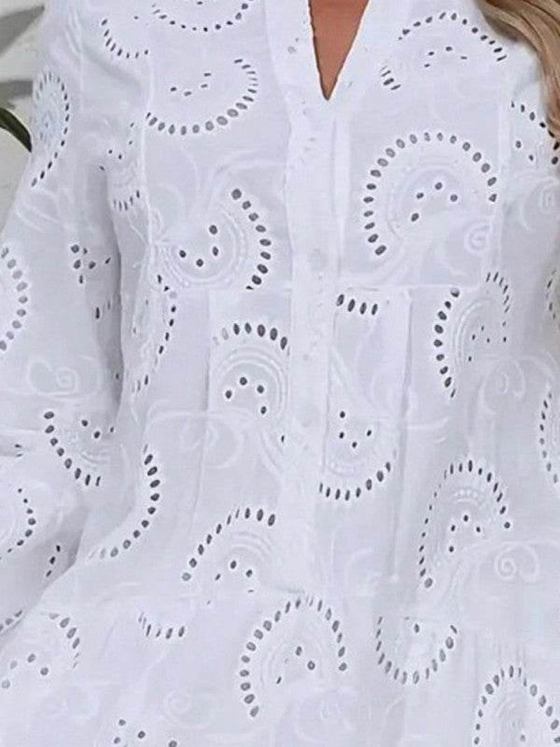 Cotton Embroidered Hollow Tiered Button Dress