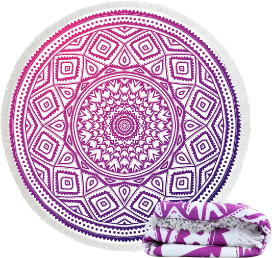 Round Beach Towels 59 Inch Oversized for Adults Women Microfiber Boho Aesthetic Mandala Fast Quick Drying Absorbent Blanket Sand Free/Proof for Pool Travel Camping Outdoor with Fringe Tassels,Purple