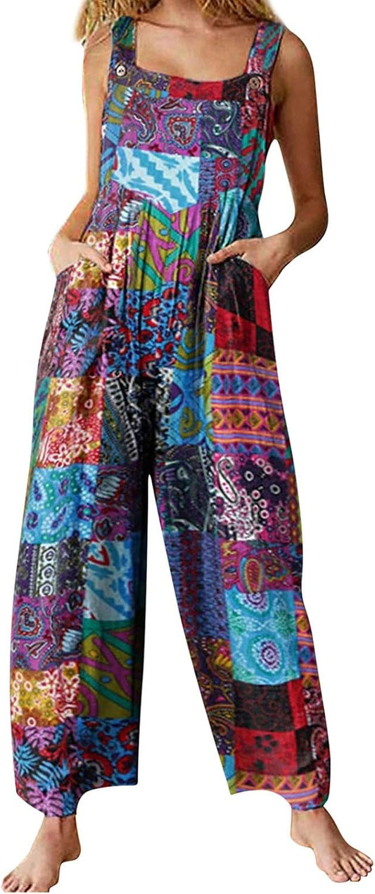 Women Boho Overalls Summer Floral Loose Suspender Trousers Jumpsuits Wide Leg Pants Romper with Pockets (C Blue , Xx-Large )