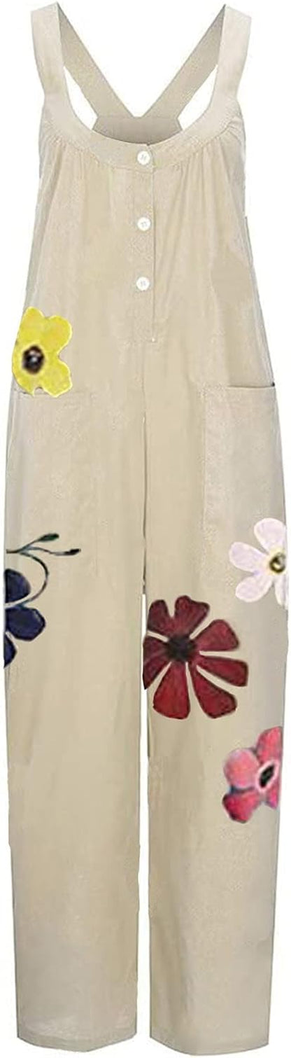 Women Boho Overall Square Neck Sleeveless Baggy Romper Pants Pockets Multicolor Ethnic Jumpsuit Suspender Trousers
