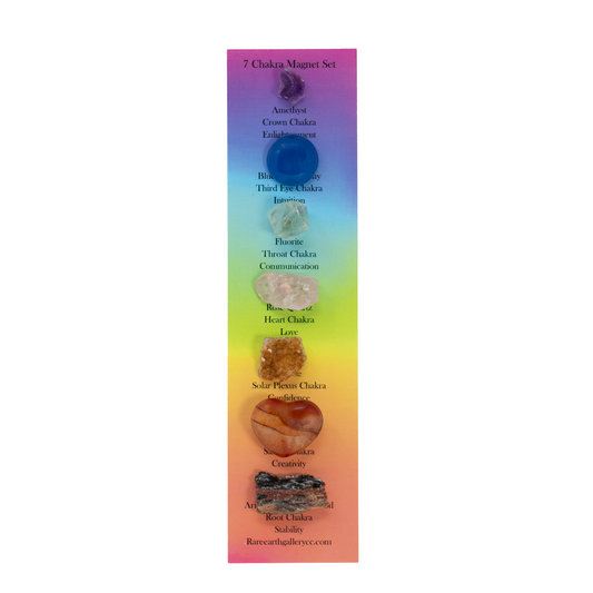7 Chakra Magnet Set - Set 1 with Amethyst Crystal, Dyed Blue Chalcedony Cabochon, Raw Fluorite Cubic Crystal, Raw Rose Quartz from Brazil, Citrine Crystal Cluster, Carnelian Heart & AZ Petrified Wood