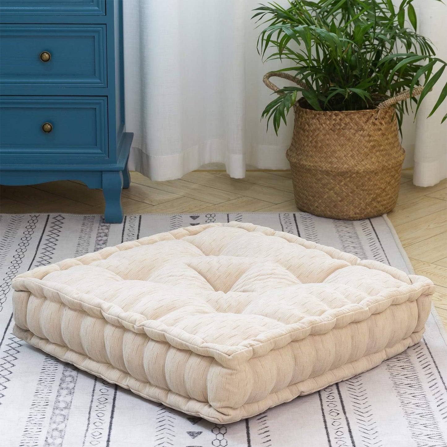 Floor Cushion Pouf, Square Floor Pillow Seating Chenille Meditation Cushion, Thick Tufted Pillows for Living Room Yoga Bedroom Sofa, Beige, 20"X20"X5.5"