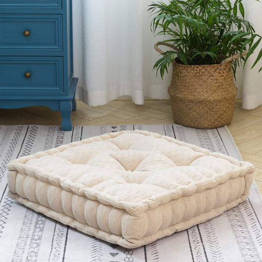 Floor Cushion Pouf, Square Floor Pillow Seating Chenille Meditation Cushion, Thick Tufted Pillows for Living Room Yoga Bedroom Sofa, Beige, 20"X20"X5.5"