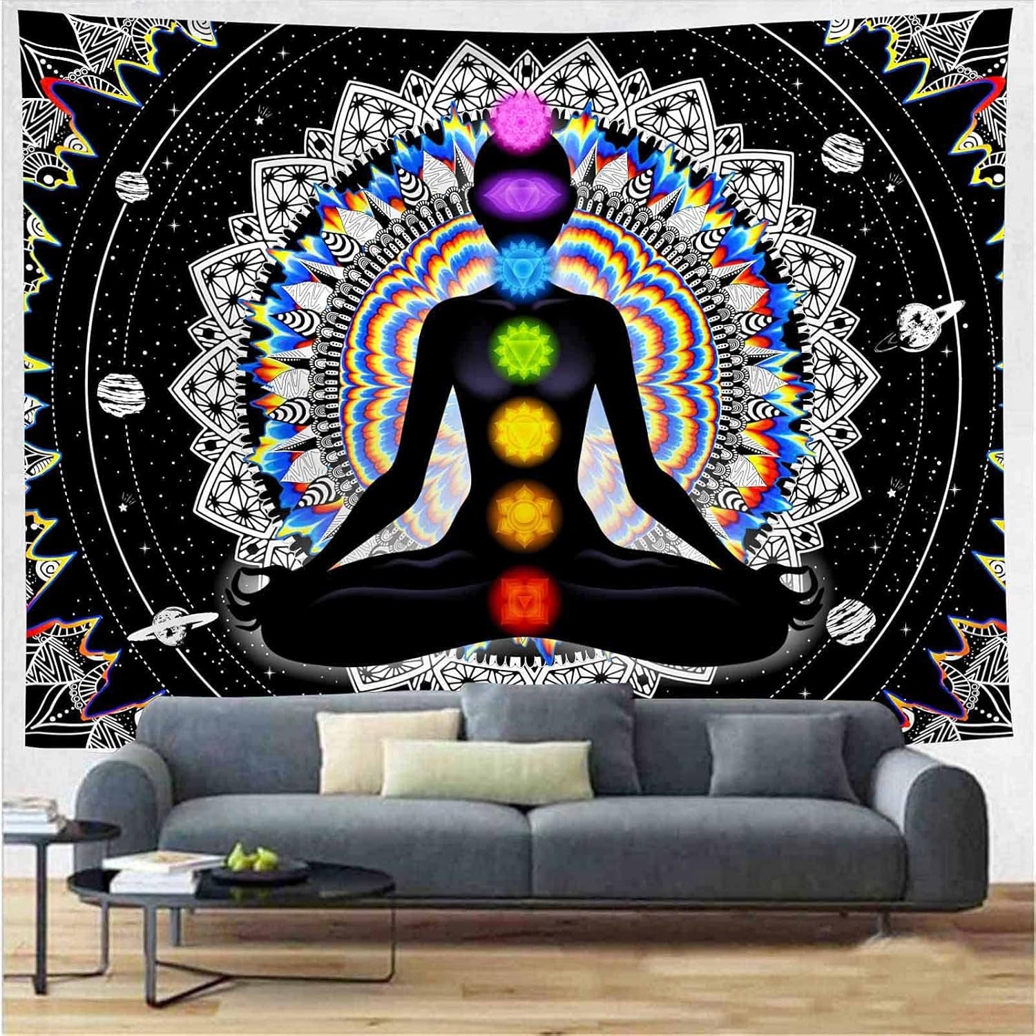 Seven Chakra Tapestry Mandala Tapestry Trippy Black and White Tapestry Celestial Space Tapestry Boho Yoga Meditation Wall Hanging Tapestry for Bedroom Home Decor (H29.5 X W39.4)