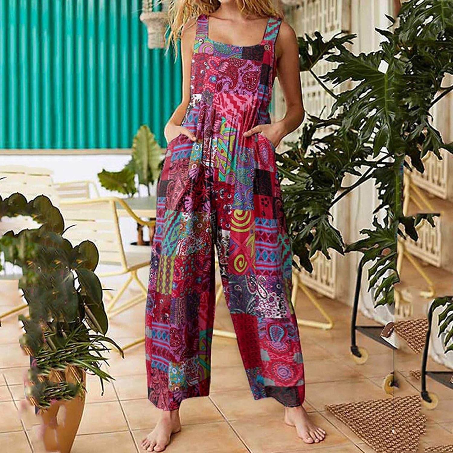 Women Boho Overalls Summer Floral Loose Suspender Trousers Jumpsuits Wide Leg Pants Romper with Pockets (C Red , X-Large )