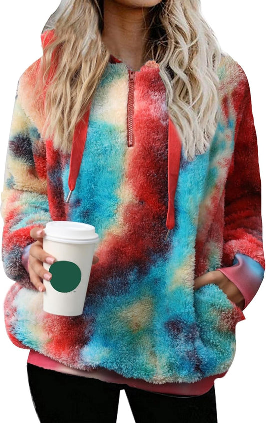 Womens Sherpa Pullover Oversized Fuzzy Hoodie Double Fleece Sweatshirts Fluffy Plaid Outerwear Warm Coats
