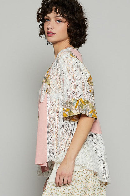 POL Vintage Washed Lace Patchwork Printed Half Button Top