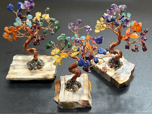Gemstone Crystal Bonsai Tree (7-Stones)(Petrified Wood Base Carving) Bulk