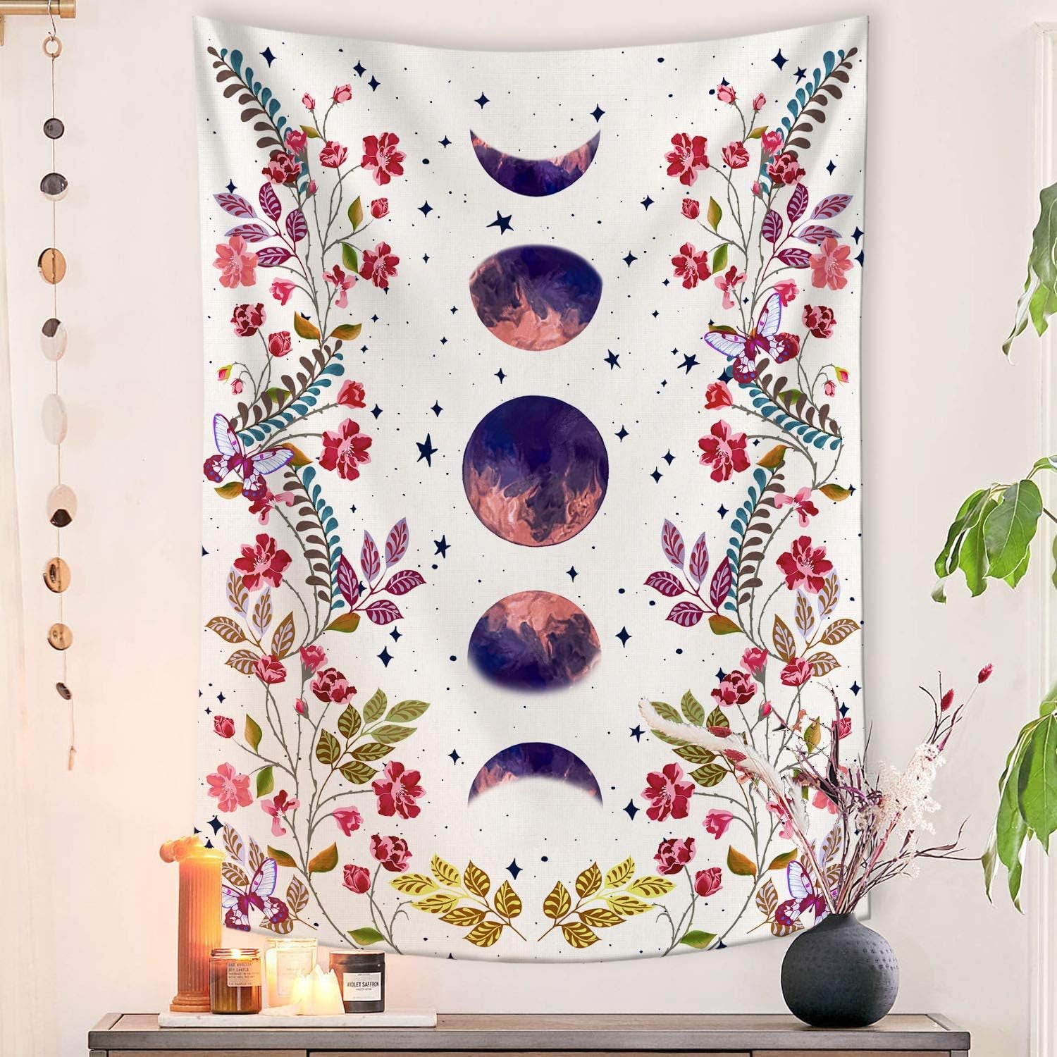 Moonlit Garden Tapestry, Moon Phase Surrounded by Vines and Flowers White Wall Decor Tapestry 44×60 Inches