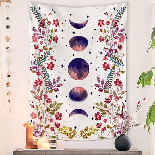 Moonlit Garden Tapestry, Moon Phase Surrounded by Vines and Flowers White Wall Decor Tapestry 44×60 Inches