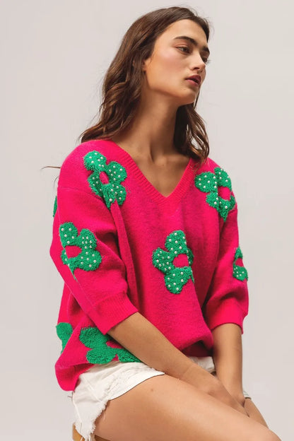 Pearl Beads Flowers Sweater Top