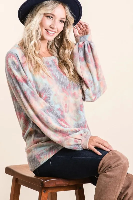 Brushed Tie Dye Print Top with Puff Sleeves