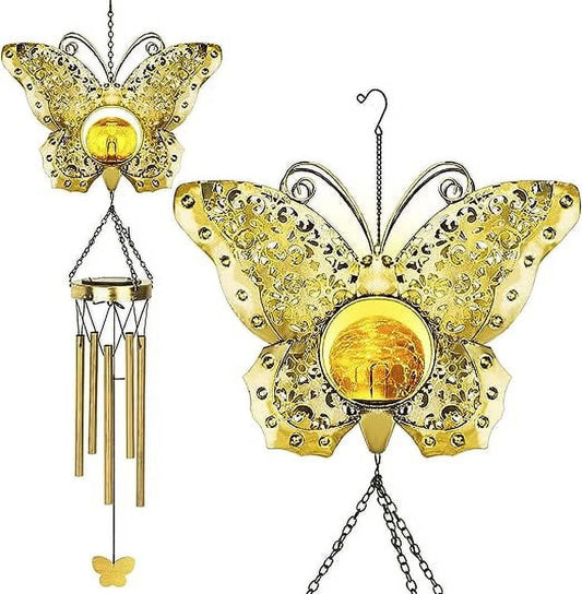 Butterfly Solar Wind Chimes for Outside,  Crackle Glass Ball Waterproof Wind Chimes Outdoor Clearance Deep Tone Garden Decor Chimes Butterfly Gifts for Women Windchimes Outdoors Unique