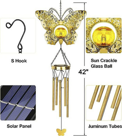 Butterfly Solar Wind Chimes for Outside,  Crackle Glass Ball Waterproof Wind Chimes Outdoor Clearance Deep Tone Garden Decor Chimes Butterfly Gifts for Women Windchimes Outdoors Unique