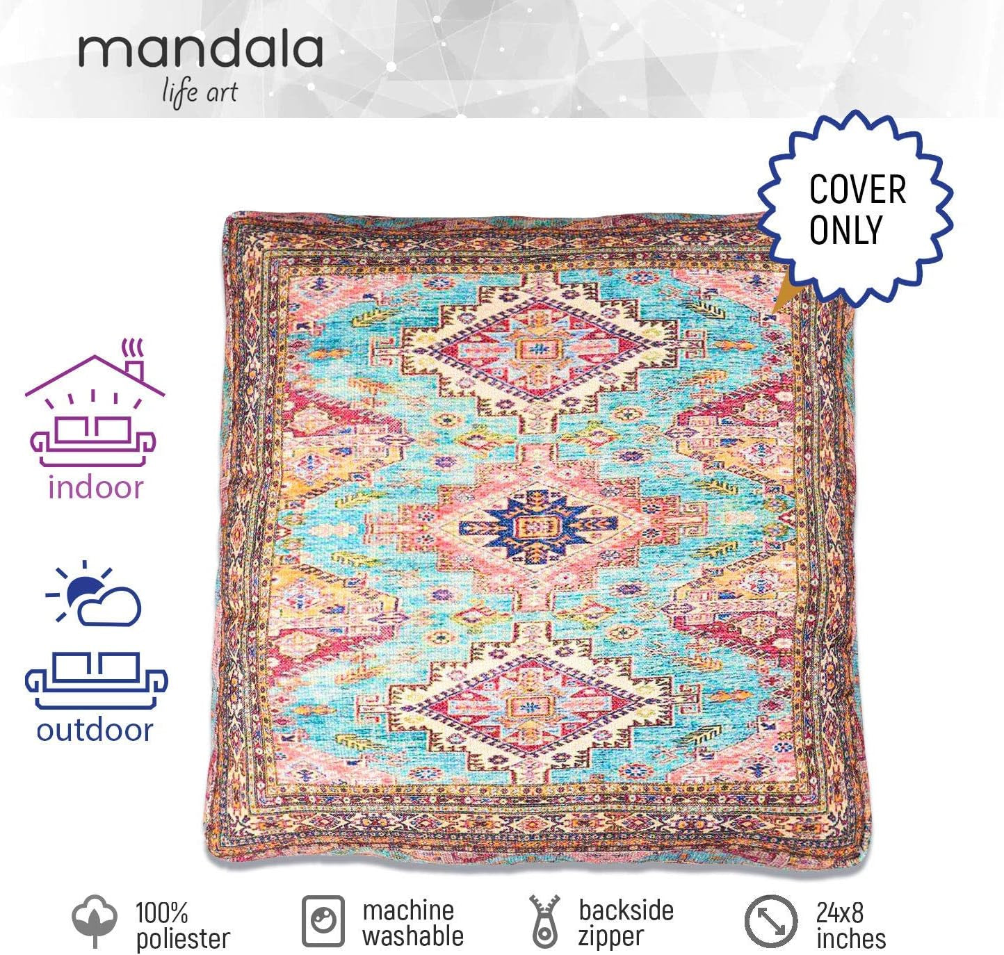 Boho Chic Outdoor Floor Cushion Cover - 24X8 Inches - Square Pillow Case for Garden Party, Pool, Balcony, Patio and More