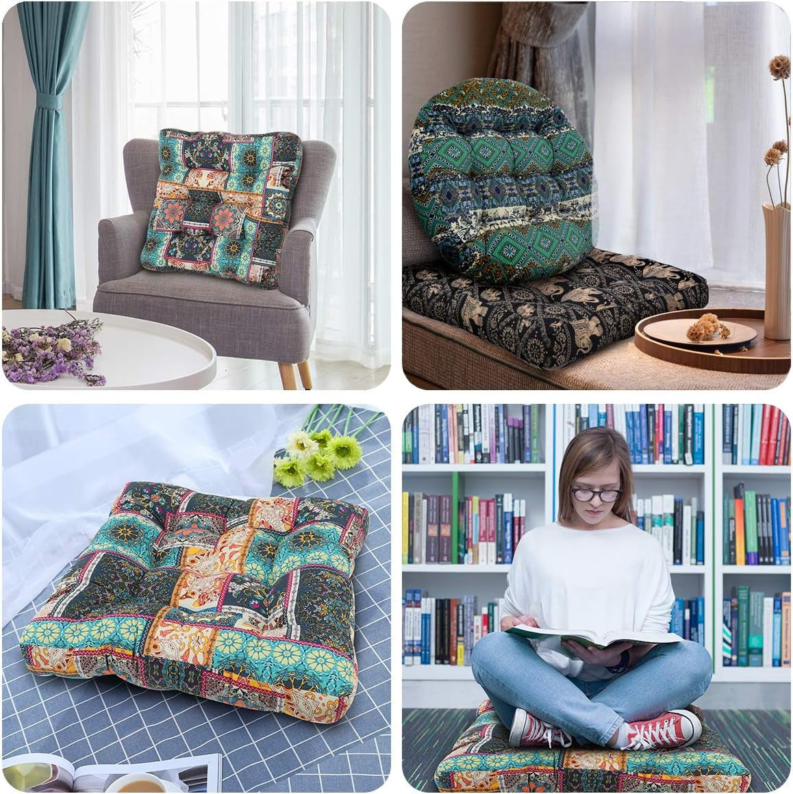 Bohemian Floor Pillow Futon Seating Floor Mat Thicken Chair Pad Patchwork Style Meditation Floor Pillow for Kids Reading Nook, 22 Inch