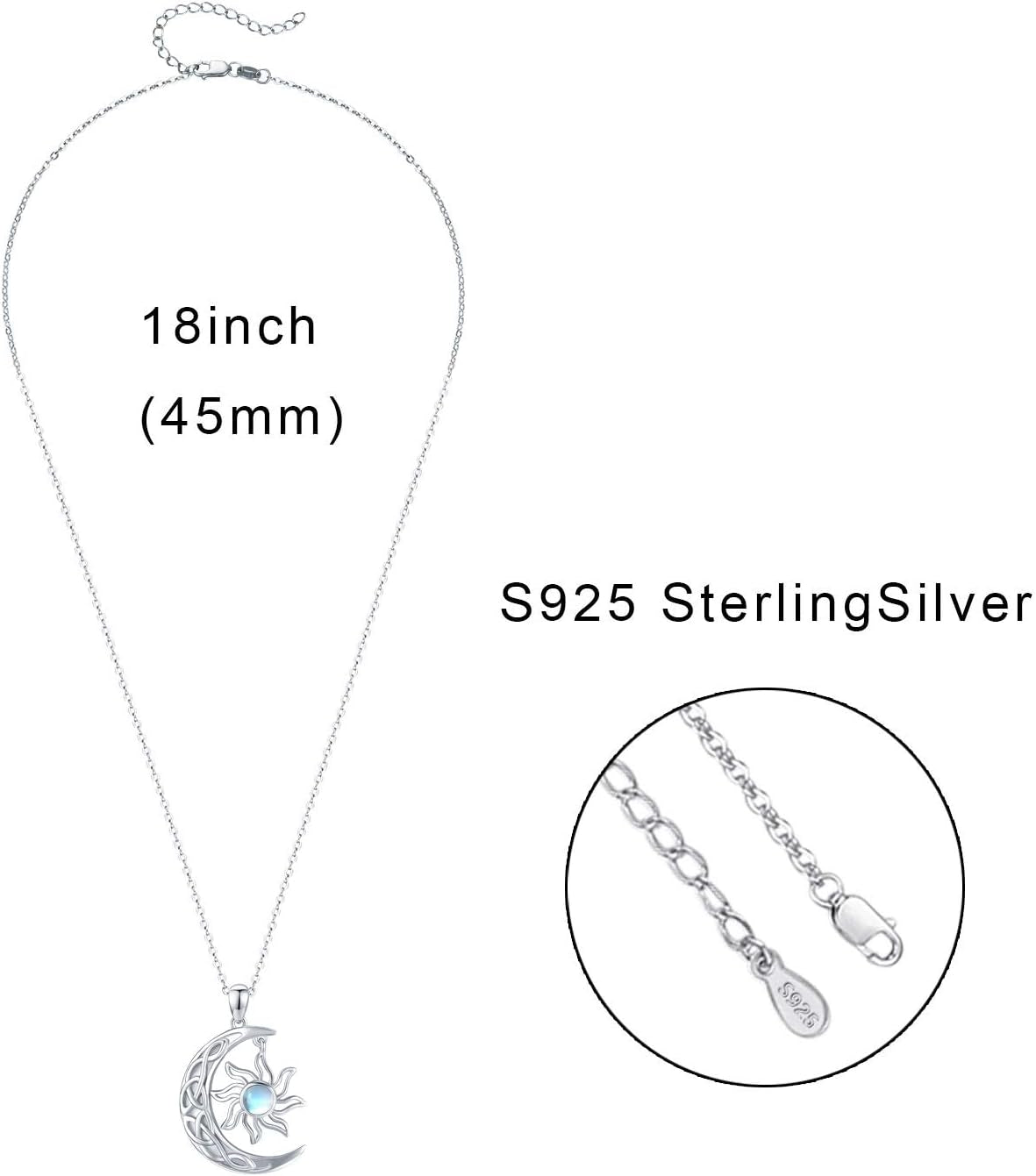 Crescent Moon and Sun Necklace 925 Sterling Silver Moonstone Pendant Necklace Celtic Jewelry Gift for Women
