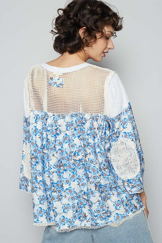 POL Clothing Washed Floral Print Crochet Detail Top