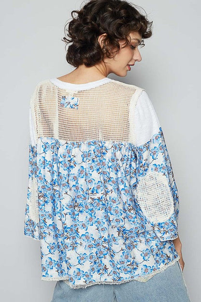 POL Clothing Washed Floral Print Crochet Detail Top