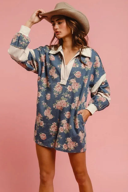 Washed Floral Denim Romper With Contrast Collar