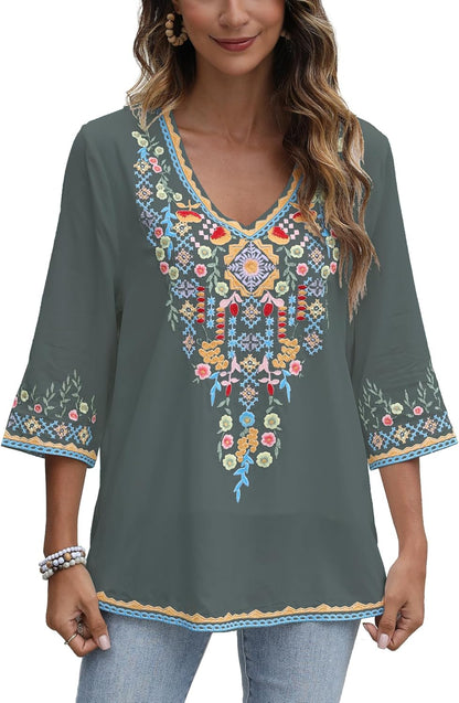 Mexican Embroidered Shirts for Women Bohemian Tops Peasant 3/4 Sleeve V Neck Shirt Tunic Blouses