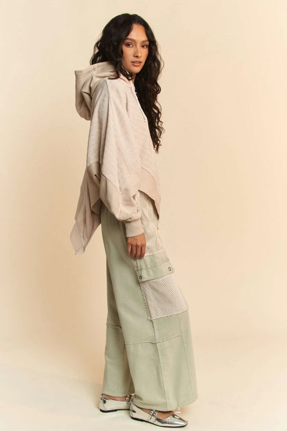 Davi & Dani Lace Patchwork Bottom Opening Adjustable Pants in Sage