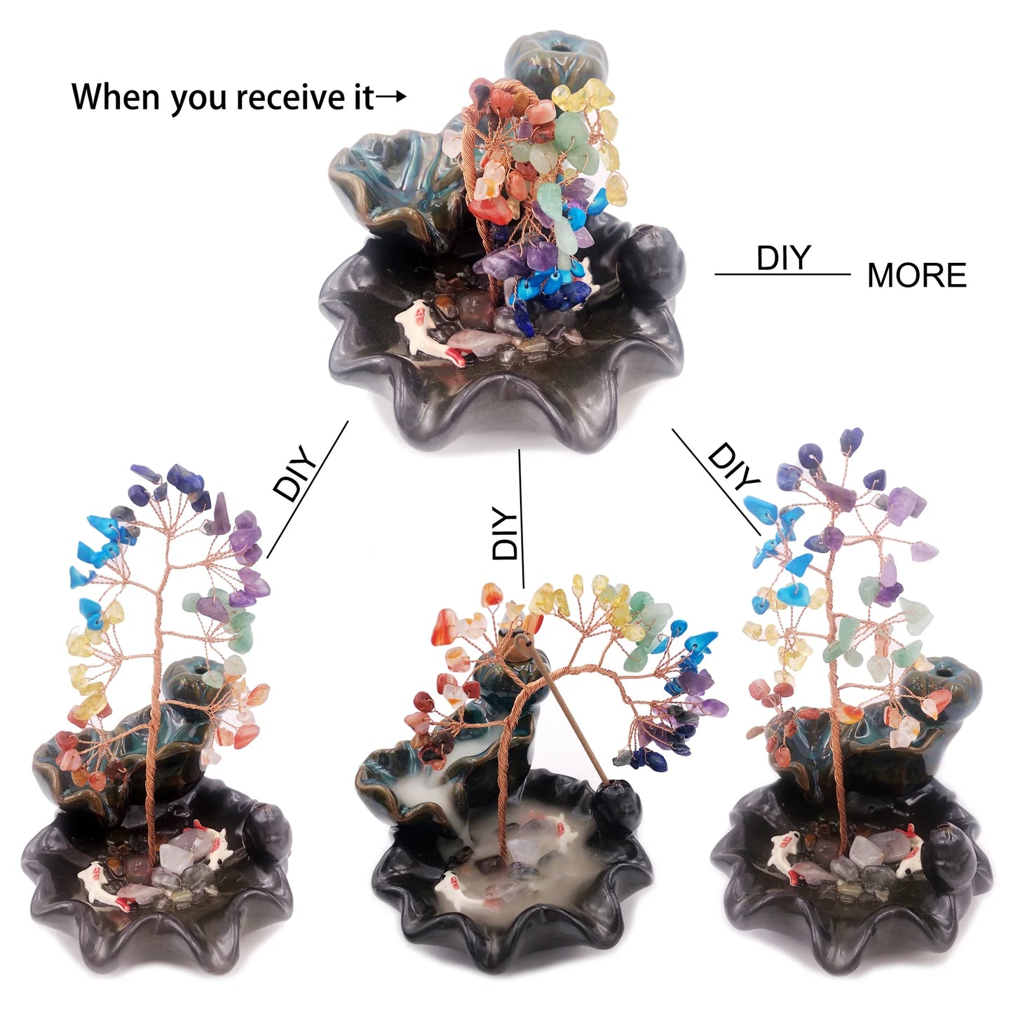 Crystal Waterfall Incense Burner Set with Backflow Incense Cones, Joss Sticks, Mat, Tweezers