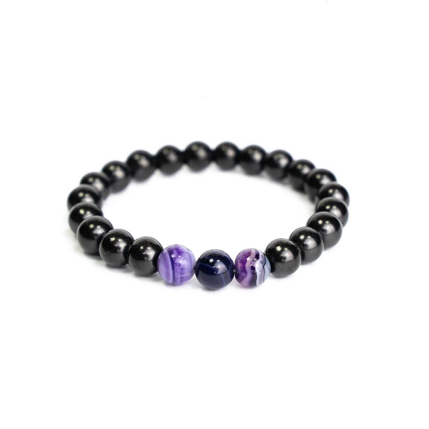 Karelian Heritage Shungite Elastic Stretchy Bracelet with 3 Purple Agate Beads | Authetic Shungite Crystal Jewelry | Protective Powerful Defender Stone Bracelet | Spiritual Healing Crystal Chakra Balance BO43