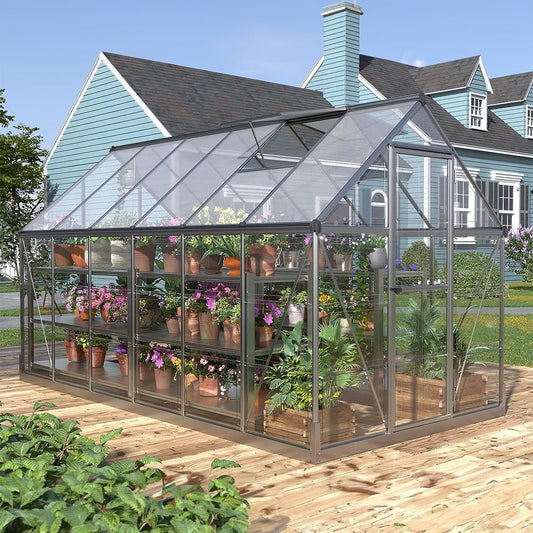 [06x12FT] Heavy Duty Outdoor Aluminum Polycarbonate Walk-In Greenhouse With Lockable Hinged Door (91384257)