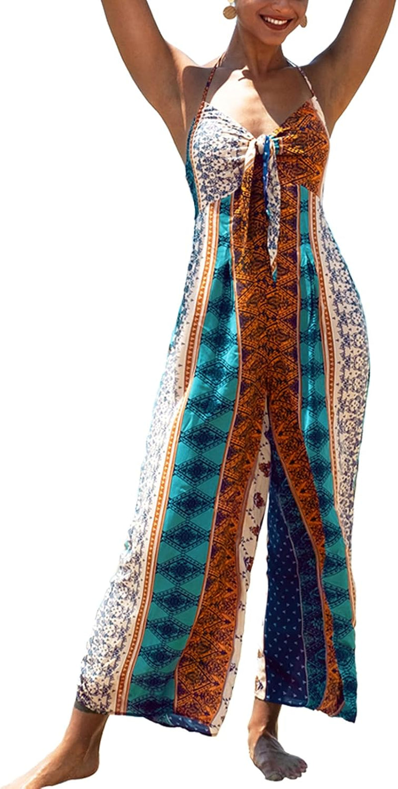 Women'S Lace up Wide Leg Halter Boho Print Floor Length Jumpsuit